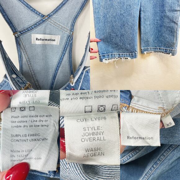 Reformation Johnny Aegean Distressed Light Wash Denim Straight Leg Jean Overalls - Picture 12 of 15